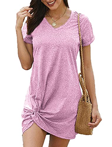 Locryz Women's Summer V Neck Short Sleeve Midi Tshirt Dresses Casual Twist Knot Tunic Dress L Pink - Image 1