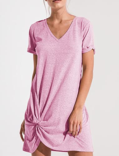 Locryz Women's Summer V Neck Short Sleeve Midi Tshirt Dresses Casual Twist Knot Tunic Dress L Pink - Image 3