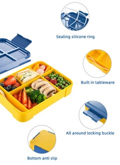 HOMESTAR 6 Compartments PP Sandwich Lunch Box Kids Fruit Salad Bento Box BPA-Free Leakproof Food Storage Container for Students Toddlers Children Navy/Yellow  - Image 3