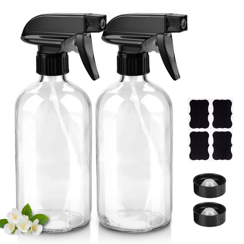 Worldgsb Glass Spray Bottles 16oz Clear Glass Spray Bottles with Labels  Adjustable Nozzle Reusable Containers for Cleaning Solutions BBQ Food Plants Alcohol Essential Oils2 Pack