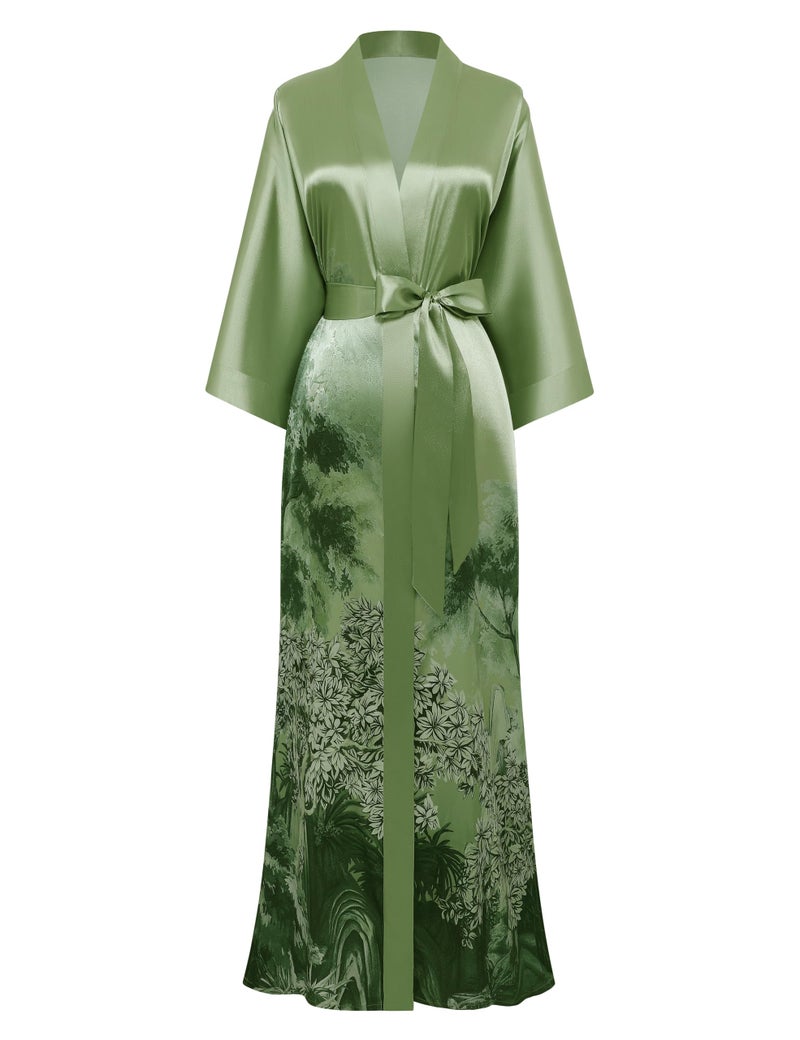 PRODESIGN Kimono Robes for Women - Long Satin Sleepwear Silky Nightgown Bathrobe Floral Dressing Gown Blouse Wedding Robe - Image 1
