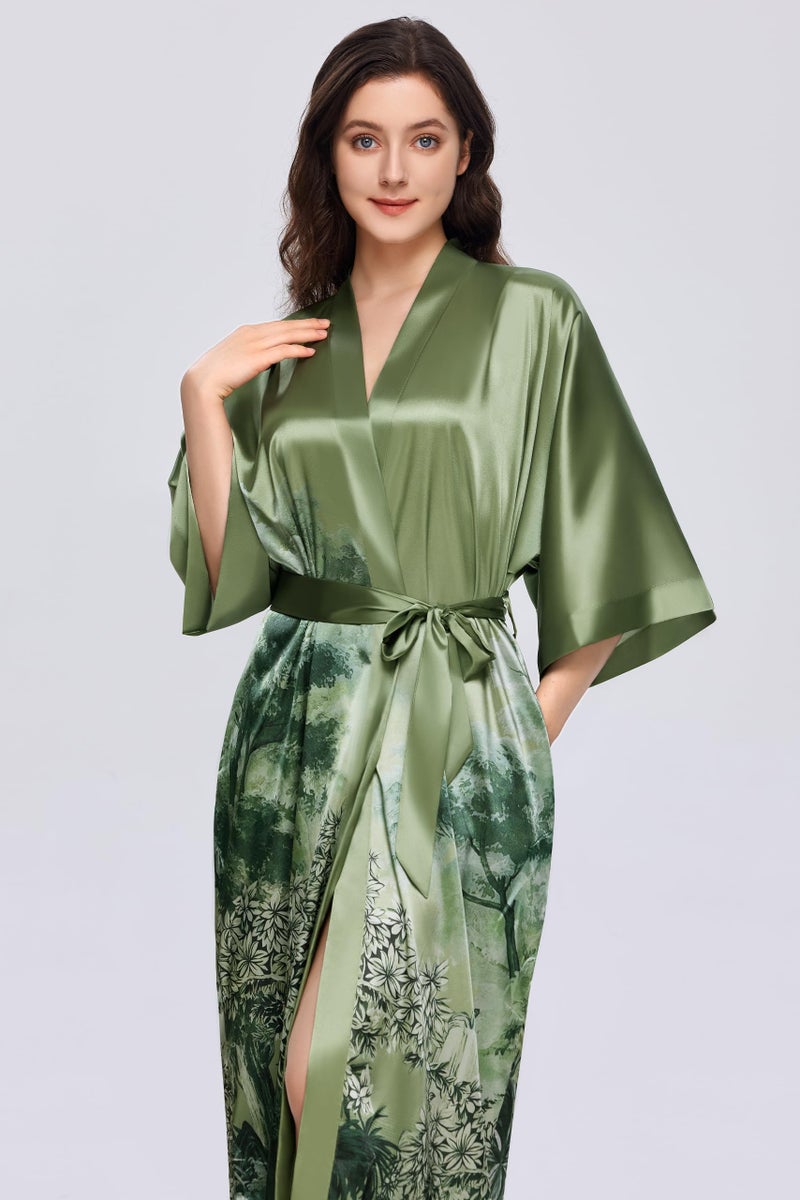 PRODESIGN Kimono Robes for Women - Long Satin Sleepwear Silky Nightgown Bathrobe Floral Dressing Gown Blouse Wedding Robe - Image 5