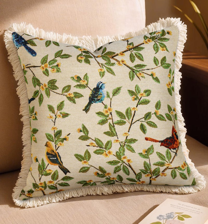 Kokaaee Decorative Throw Pillow Cover 18x18 Vintage Pillowcovers with Fringe Tree Bird Cute Embroidered Pillow Case with Zipper for Living Room Couch Sofa Bed Rustic Boho Design Abstract - Image 2