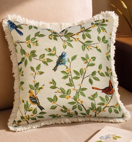 Kokaaee Decorative Throw Pillow Cover 18x18 Vintage Pillowcovers with Fringe Tree Bird Cute Embroidered Pillow Case with Zipper for Living Room Couch Sofa Bed Rustic Boho Design Abstract - Image 1