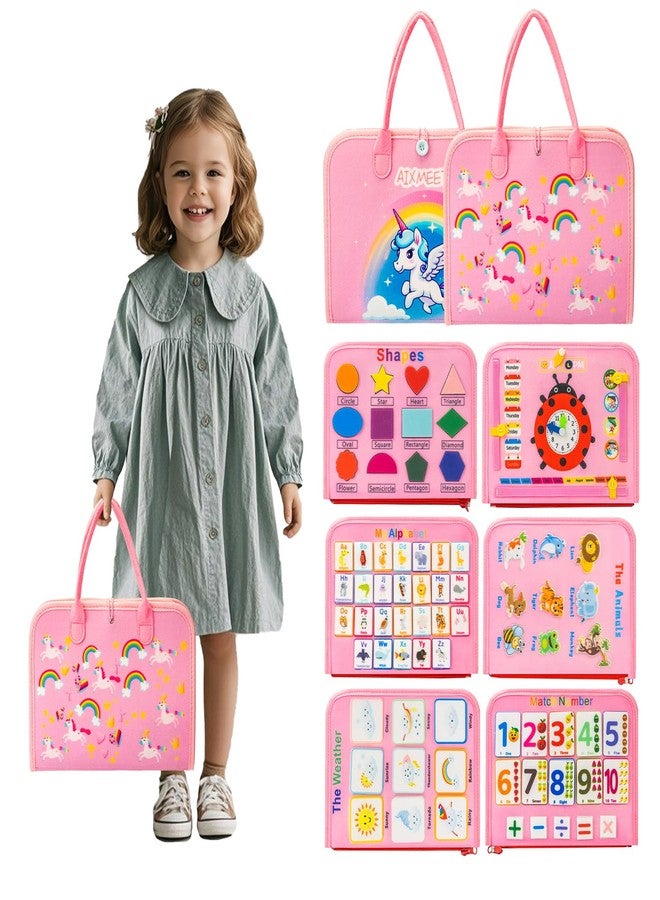 AIXMEET Toddler Busy Board Montessori Toys, Sensory Board Busy Book, Toys for Toddlers 3456 Year Old, Preschool Learning Activities with Life, Shape,Color,Animal,Weather,8 Pages (Pink) - Image 2