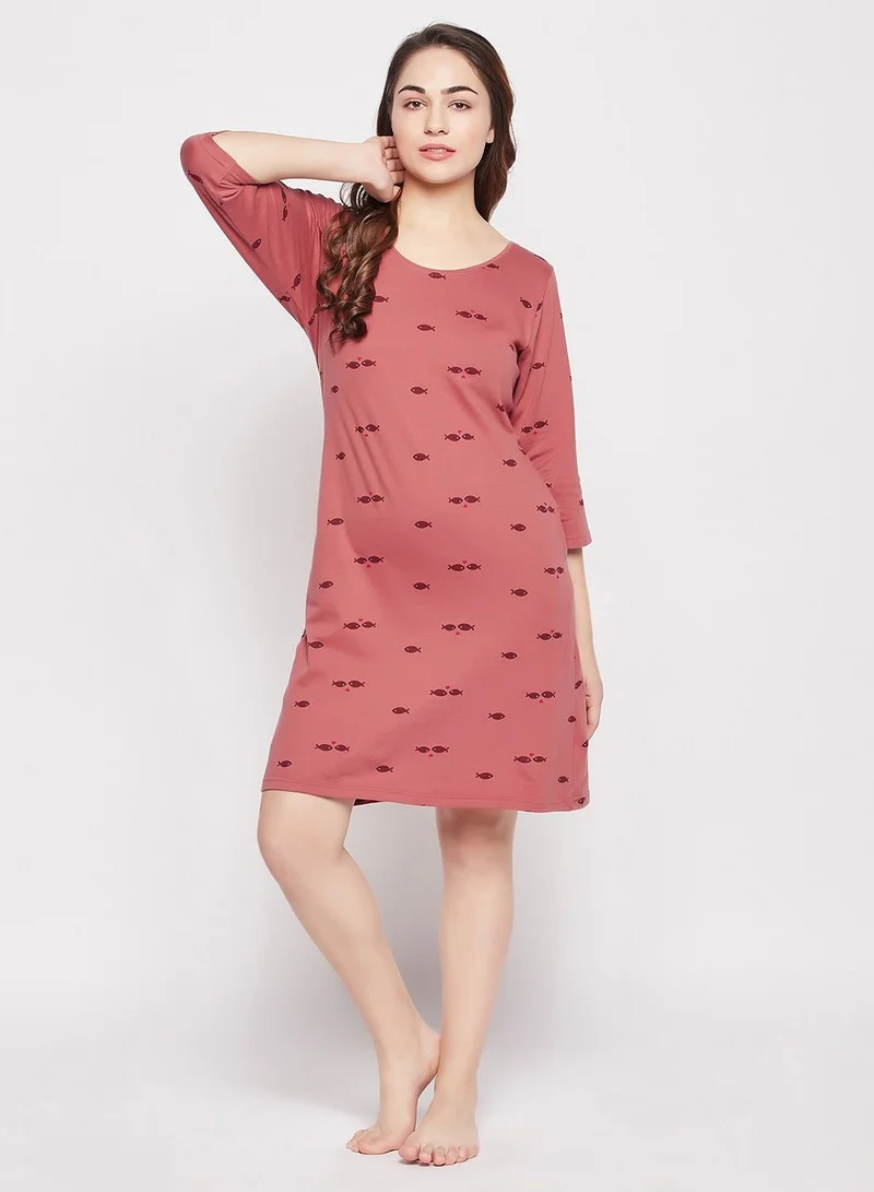 كلوفيا Clovia Fish Print Short Night Dress In Dull Red- 100% Cotton