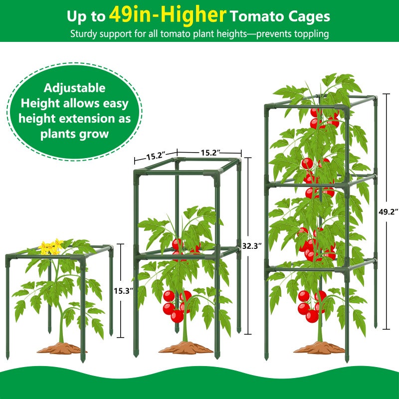 SprintGy 3 Pack Square Tomato Cages, 49'' Tall Heavy Duty Steel Tomato Trellis Kit for Garden, Plant Support Tower Stakes Cucumber Pepper Trellis for Climbing Vegetable Flowers - Image 5