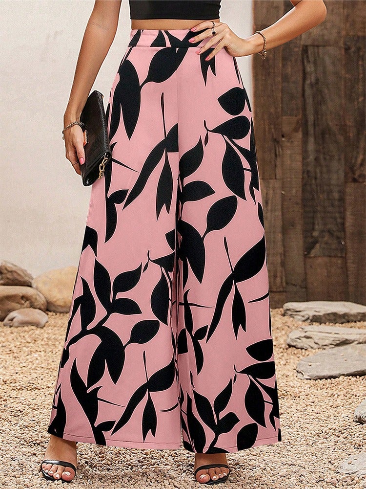 Chiffon Leaf Print Casual Pants with Elegant High Waist and Wide Legs for Women