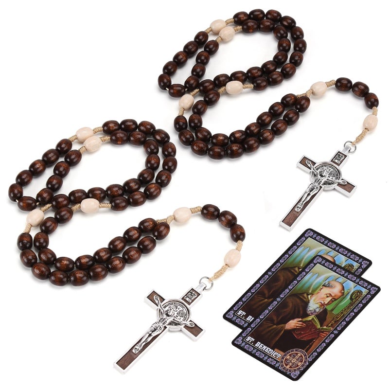 Brilucky Rosary Beads Catholic for Women Men, 2 PCS Orthodox Rosaries Crucifix Necklace with Saint Benedict Medal Prayer Card, Handmade Wood Rosary Cross Catholic Gifts, Mexican Rosarios Catolicos Para Hombre  - Image 1