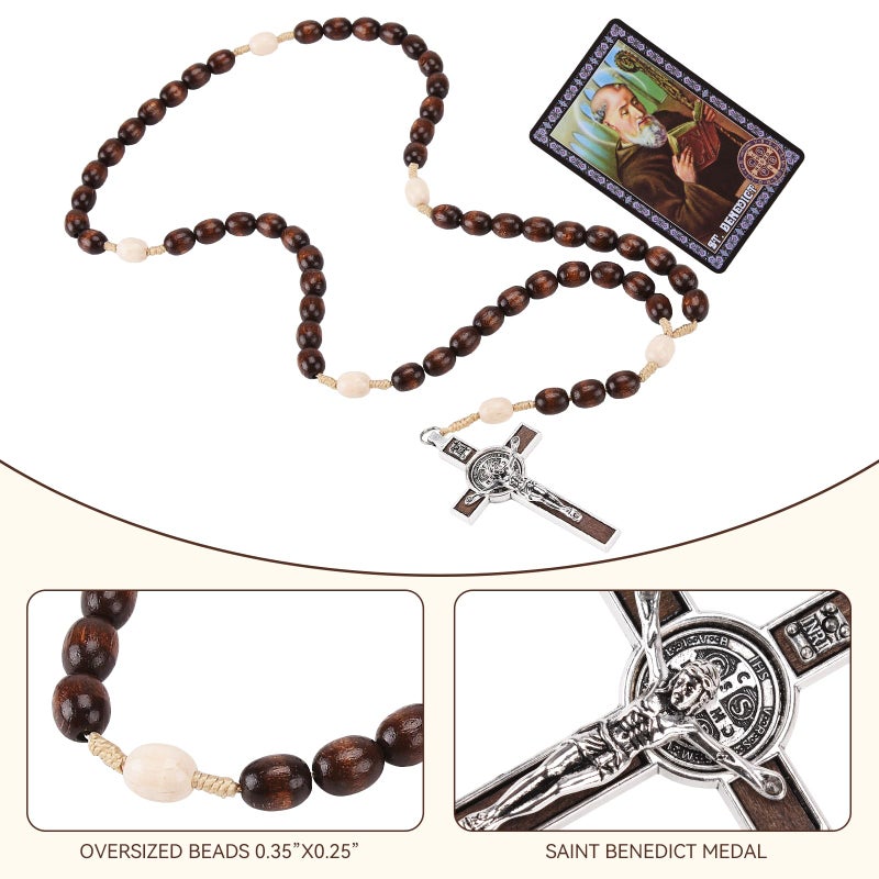 Brilucky Rosary Beads Catholic for Women Men, 2 PCS Orthodox Rosaries Crucifix Necklace with Saint Benedict Medal Prayer Card, Handmade Wood Rosary Cross Catholic Gifts, Mexican Rosarios Catolicos Para Hombre  - Image 4