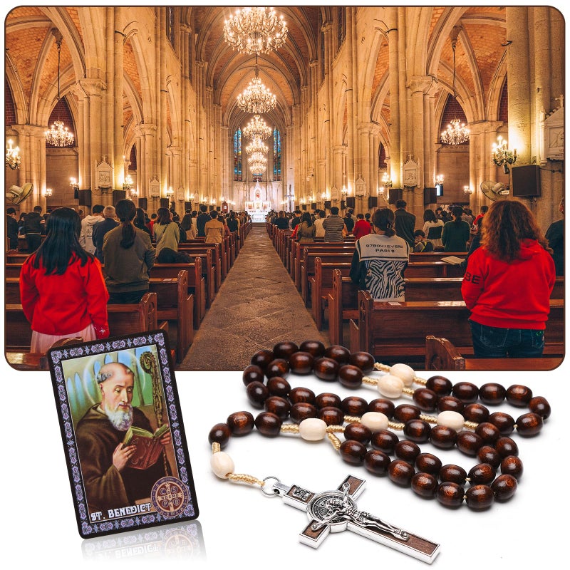 Brilucky Rosary Beads Catholic for Women Men, 2 PCS Orthodox Rosaries Crucifix Necklace with Saint Benedict Medal Prayer Card, Handmade Wood Rosary Cross Catholic Gifts, Mexican Rosarios Catolicos Para Hombre  - Image 5