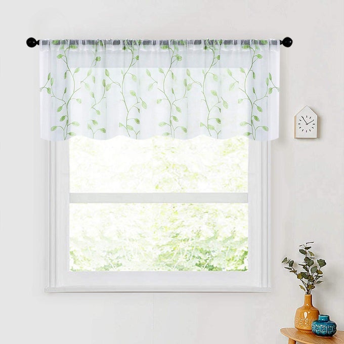 SHEER VALANCE CURTAIN 54 X 16 INCH LEAVES EMBROIDERED SHEER CHRISTMAS VALANCES LIVING ROOM WINDOW BEDROOM EMBROIDERY ROD POCKET SMALL WINDOW TREATMENT 1 PANEL GREEN LEAVES