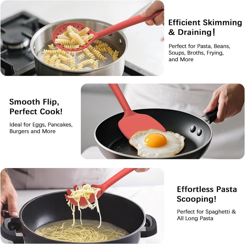 Coukre Silicone Kitchen Cooking Utensils Set with Holder – Heat-Resistant, Food-Grade Kitchen Tools, Spatula, Spoon & Gadgets for Non-Stick Pans, Dishwasher Safe (14, PureRed) - Image 3
