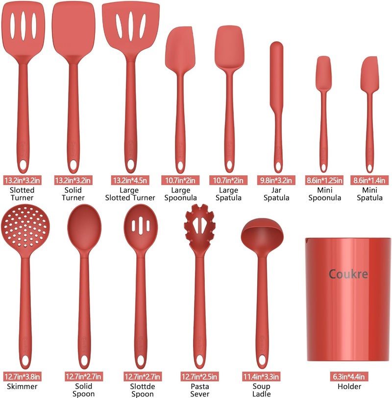 Coukre Silicone Kitchen Cooking Utensils Set with Holder – Heat-Resistant, Food-Grade Kitchen Tools, Spatula, Spoon & Gadgets for Non-Stick Pans, Dishwasher Safe (14, PureRed) - Image 2