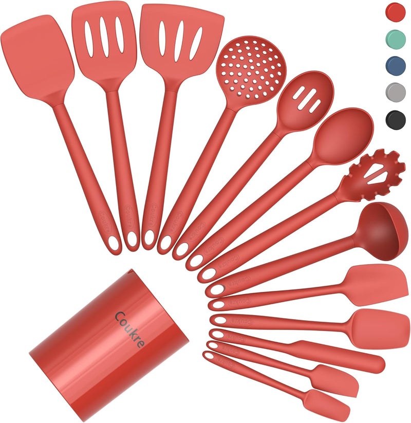 Coukre Silicone Kitchen Cooking Utensils Set with Holder – Heat-Resistant, Food-Grade Kitchen Tools, Spatula, Spoon & Gadgets for Non-Stick Pans, Dishwasher Safe (14, PureRed) - Image 1