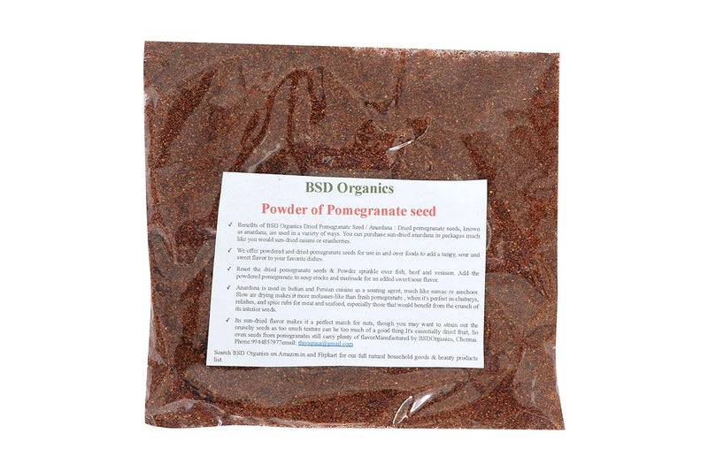 BSD Organics Powder of Pomegranate seedMatuai vithaiAnaar beejAnardana for Soupschutneys relishes and spice rubs for meat seafood and more 200 grams