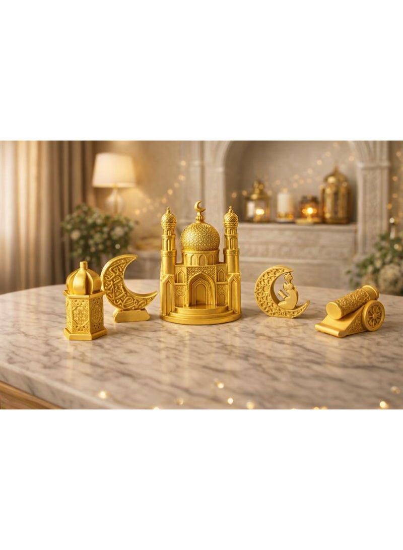 طقم تحف ديكورية إسلامية من الريزن – 5 قطع – ديكور منزلي وديكور رمضان – جامع، هلالين، مدفع رمضاني وقبة - Image 1