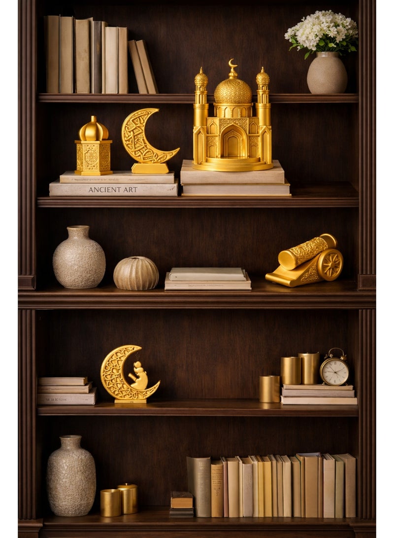 طقم تحف ديكورية إسلامية من الريزن – 5 قطع – ديكور منزلي وديكور رمضان – جامع، هلالين، مدفع رمضاني وقبة - Image 2