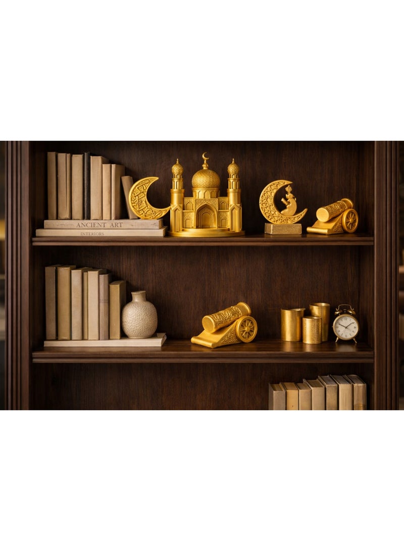 طقم تحف ديكورية إسلامية من الريزن – 5 قطع – ديكور منزلي وديكور رمضان – جامع، هلالين، مدفع رمضاني وقبة - Image 3