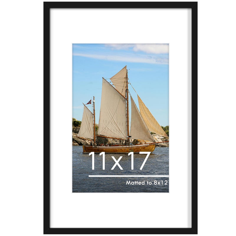 PEALSN 11x17 Picture Frame Display Pictures 8 x 12 with Mat or 11 x 17 Without Mat for Wall Mounting Display Photo Frames Black