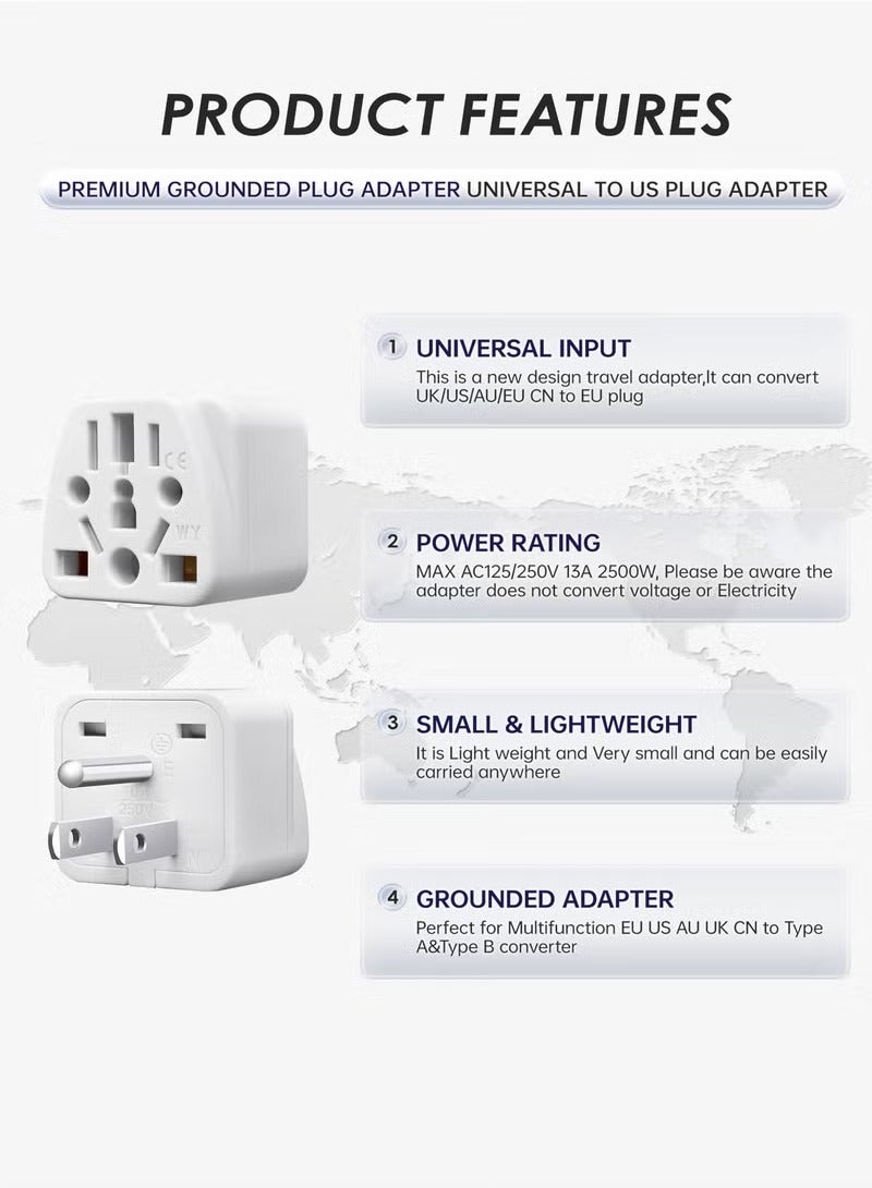 World to US Travel Adapter (3-Pack), White Universal 3-Prong Power Solution - Converts EU/JP/AU/UK/CN to US, Safe u0026 Versatile Wall Charger for Smartphones, Laptops u0026 More - Stylish Design - Image 2