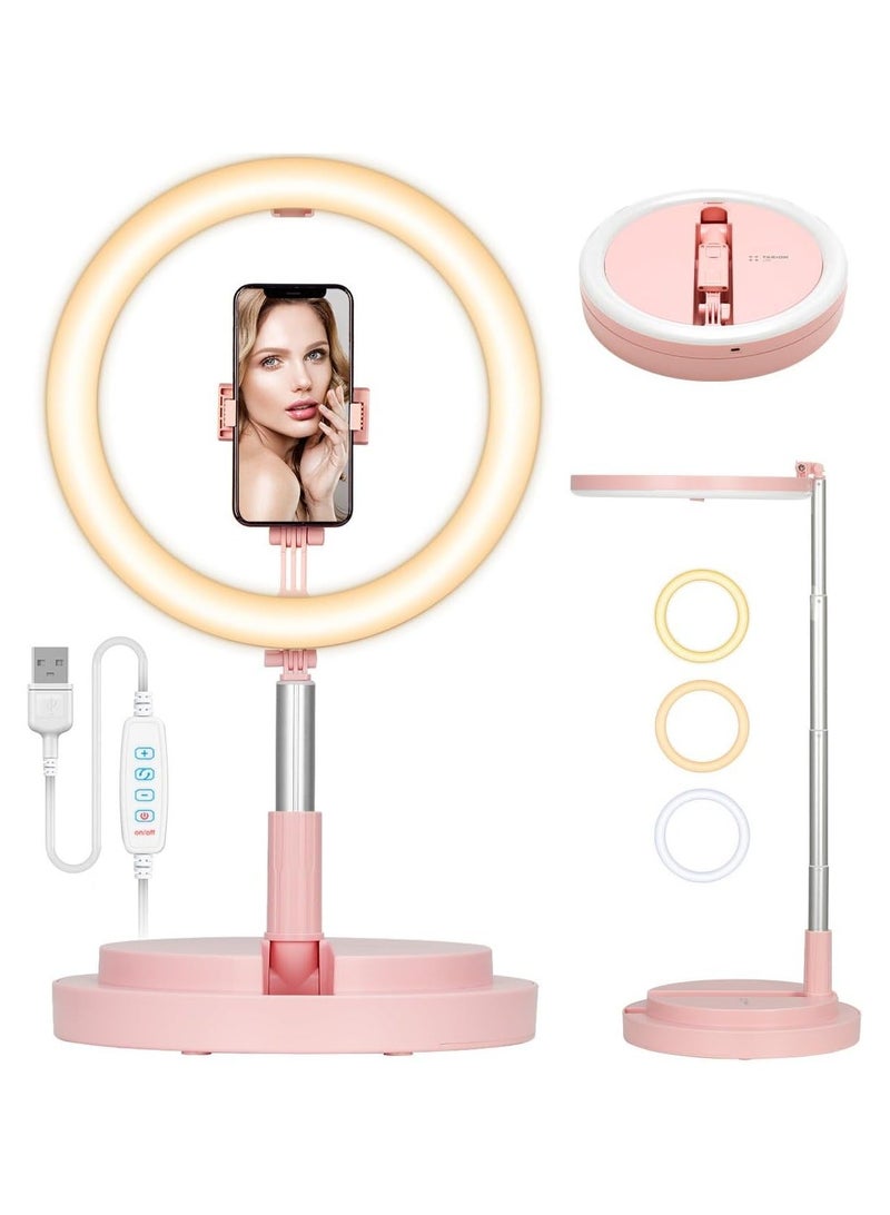 LED Selfie Ring Light, Light with Stand and Phone Holder Cold Shoe Mount, 11.8" Foldable Circle 3 Lighting Modes x 10 Brightness Levels, Adjustable Height from 12.9" to 66.5"  - Image 1