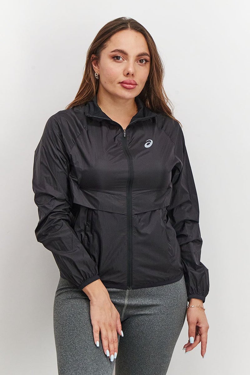 asics جاكيت رياضي نسائي بأكمام طويلة مع شعار العلامة التجارية، أسود - Image 1