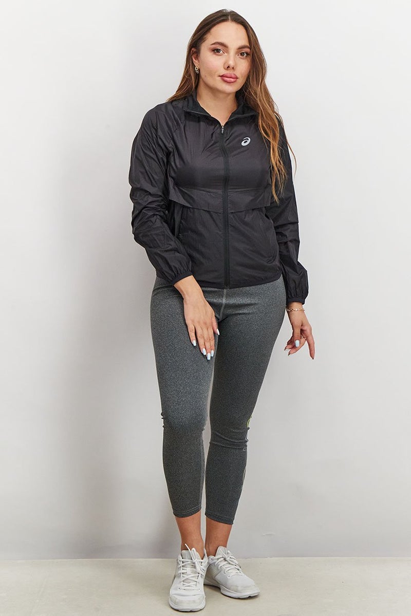 asics جاكيت رياضي نسائي بأكمام طويلة مع شعار العلامة التجارية، أسود - Image 2
