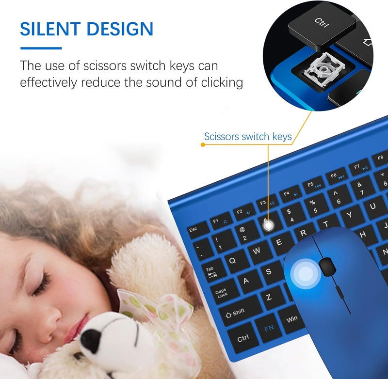 TopMate Wireless Keyboard and Mouse Ultra Slim Combo, 2.4G Silent Compact USB Mouse and Scissor Switch Keyboard Set with Cover, 2 AA and 2 AAA Batteries, for PC/Laptop/Windows/Mac - Blue Black - Image 2