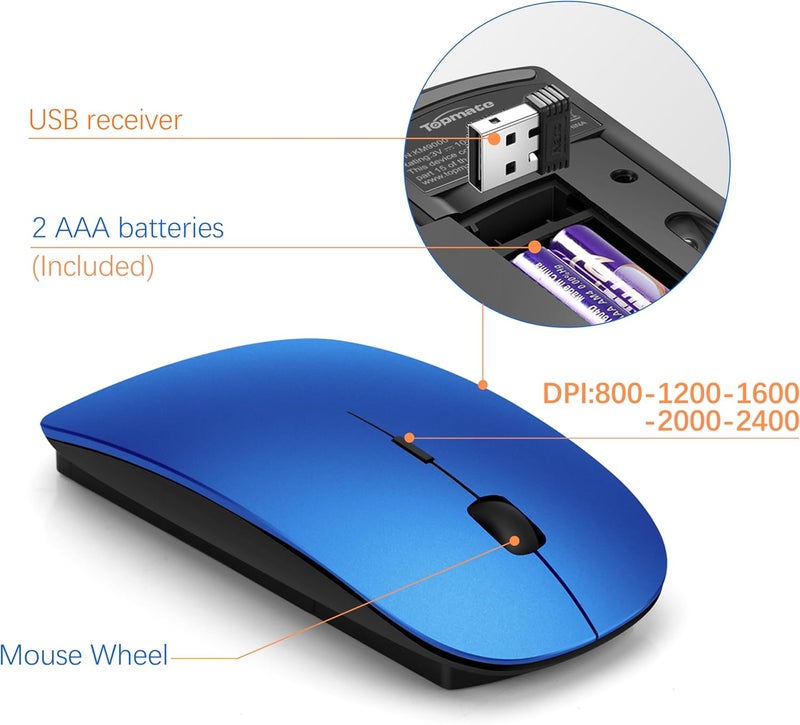 TopMate Wireless Keyboard and Mouse Ultra Slim Combo, 2.4G Silent Compact USB Mouse and Scissor Switch Keyboard Set with Cover, 2 AA and 2 AAA Batteries, for PC/Laptop/Windows/Mac - Blue Black - Image 4