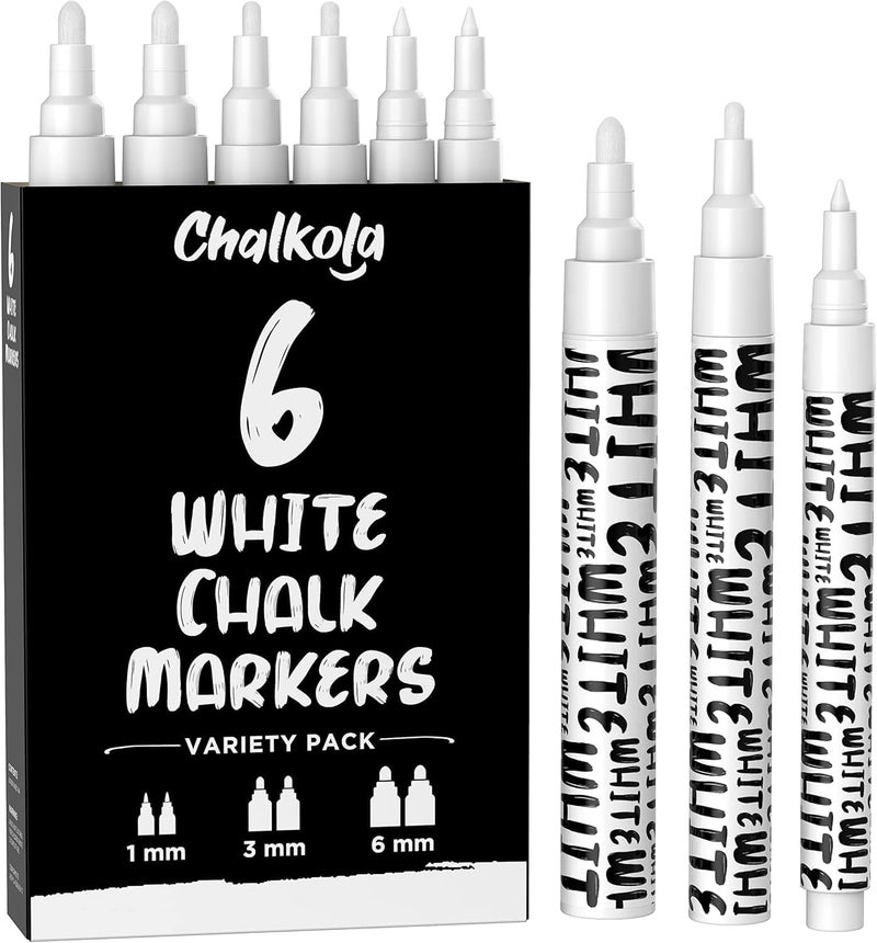 Chalkola White Chalk Markers White Dry Erase Liquid Chalk Pens for Chalkboard Blackboard Window Bistro Car Glass Board Signs Variety Pack of 6 2x 1mm 3mm 6mm - Image 2