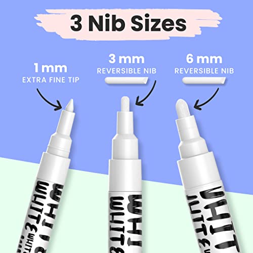 Chalkola White Chalk Markers White Dry Erase Liquid Chalk Pens for Chalkboard Blackboard Window Bistro Car Glass Board Signs Variety Pack of 6 2x 1mm 3mm 6mm - Image 3