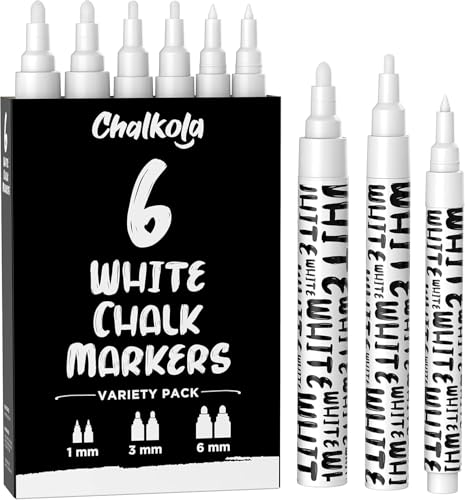 Chalkola White Chalk Markers White Dry Erase Liquid Chalk Pens for Chalkboard Blackboard Window Bistro Car Glass Board Signs Variety Pack of 6 2x 1mm 3mm 6mm - Image 1