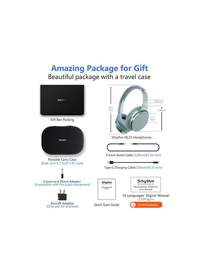 Srhythm - NC25 Active Noise Cancelling Headphones Bluetooth 5.3, ANC Stereo Headset Over-Ear with Hi-Fi,Mic,50H Playtime,Voice Assistant,Low Latency Game Mode - Image 1