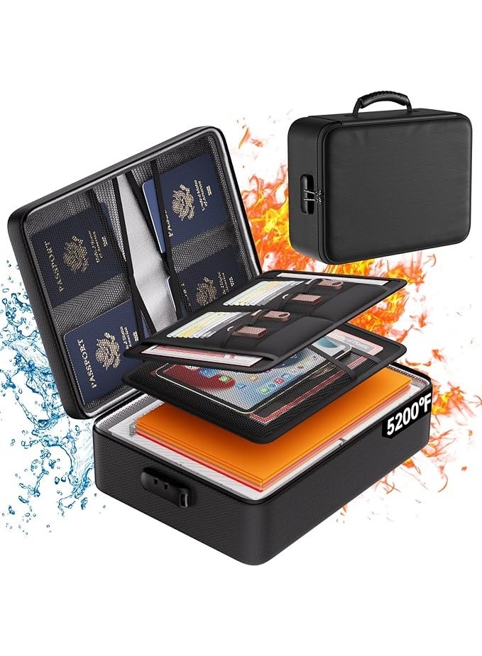 منظم مستندات كبير الحجم مُحسّن مع قفل، حقيبة أمان مقاومة للحريق والماء بأربع طبقات، مناسبة لتخزين المستندات المهمة والشهادات وأجهزة الكمبيوتر المحمولة وجوازات السفر وما إلى ذلك، باللون الأسود. - Image 1