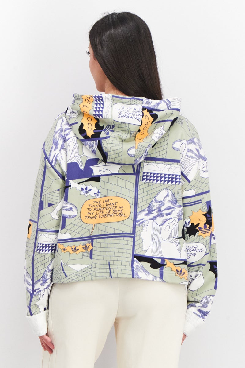 adidas Originals بلوزة رياضية نسائية بأكمام طويلة وطباعة شاملة، مزيج أخضر حكيم - Image 2