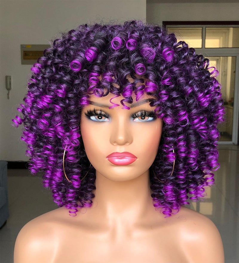 Annivia Curly Afro Wig with Bangs Short Kinky Curly Wigs for Black Women Synthetic Fiber Soft Hair Short Curly Afro Wig Galaxy Purple