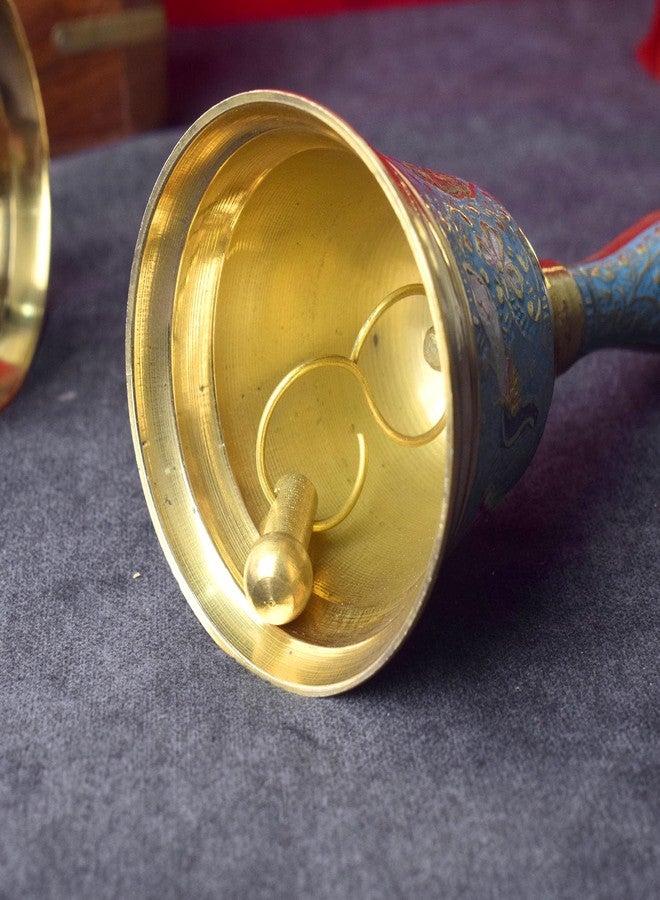 CRAFTSMAN SATVIK 1 Pc Blue Pure Brass Puja Bell with Handle Metal Pooja Handheld Ringing Bell Religious Pooja Ghanti for Mandir Home Christmas Color Bell Indian Housewarming Return Gift Items Bulk Puja Article - Image 2