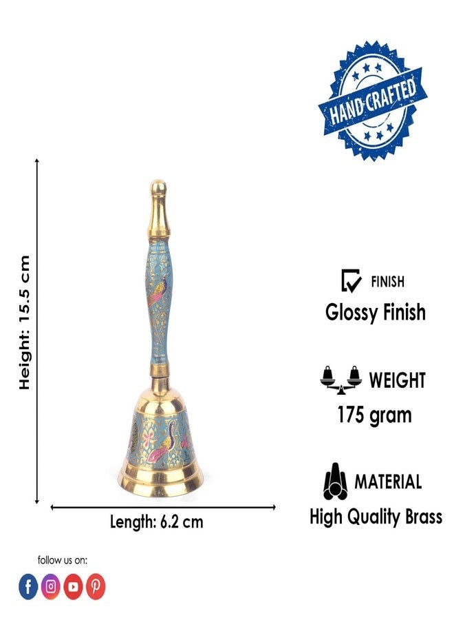CRAFTSMAN SATVIK 1 Pc Blue Pure Brass Puja Bell with Handle Metal Pooja Handheld Ringing Bell Religious Pooja Ghanti for Mandir Home Christmas Color Bell Indian Housewarming Return Gift Items Bulk Puja Article - Image 3