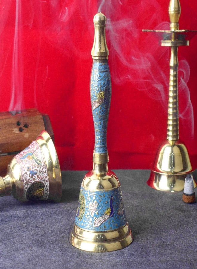 CRAFTSMAN SATVIK 1 Pc Blue Pure Brass Puja Bell with Handle Metal Pooja Handheld Ringing Bell Religious Pooja Ghanti for Mandir Home Christmas Color Bell Indian Housewarming Return Gift Items Bulk Puja Article - Image 4