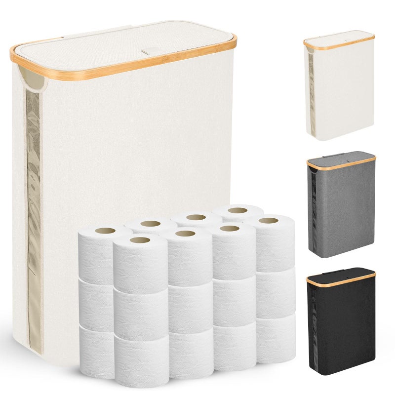 Odonata Large Toilet Paper Storage Basket with Lid, Slim Toilet Paper Organizer, Hold up to 20 Regular Rolls or 15 Mega Rolls. (Beige, 49L) - Image 1