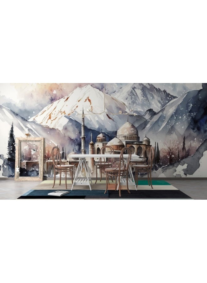 Home Gallery Custom Snow Mountain Scenery Fabric Wallpaper Covers An Area ​​Up To 4.2Mx3M With Adhesive  And Smoothing Tool - Image 2
