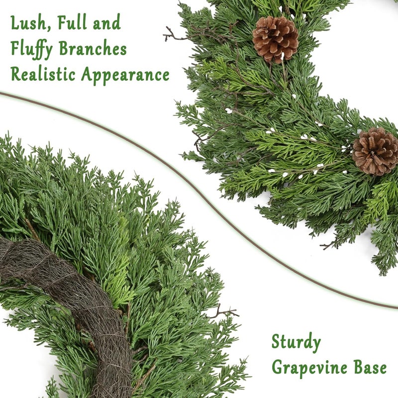 CHEAWRTZ 24 Inch Real Touch Lush Christmas Wreaths for Front Door with White Berries/Pine Cone Outdoor Christmas Decorations Winter Wreath Cypress Wreath for Windows Indoor Outside Xmas Home Decor Holiday - Image 5