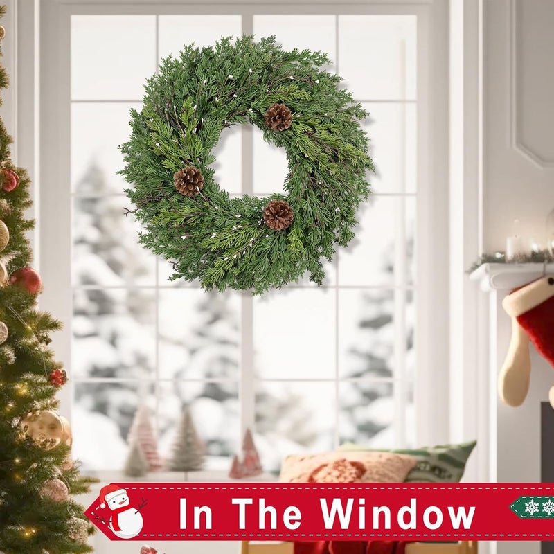 CHEAWRTZ 24 Inch Real Touch Lush Christmas Wreaths for Front Door with White Berries/Pine Cone Outdoor Christmas Decorations Winter Wreath Cypress Wreath for Windows Indoor Outside Xmas Home Decor Holiday - Image 4