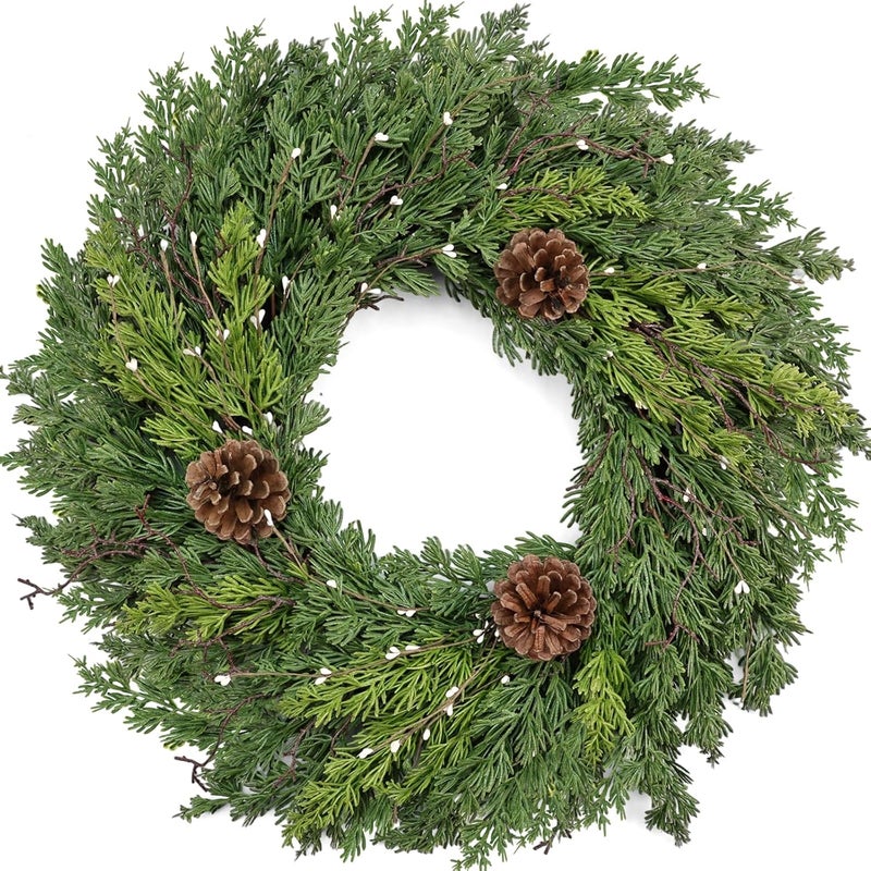 CHEAWRTZ 24 Inch Real Touch Lush Christmas Wreaths for Front Door with White Berries/Pine Cone Outdoor Christmas Decorations Winter Wreath Cypress Wreath for Windows Indoor Outside Xmas Home Decor Holiday - Image 1
