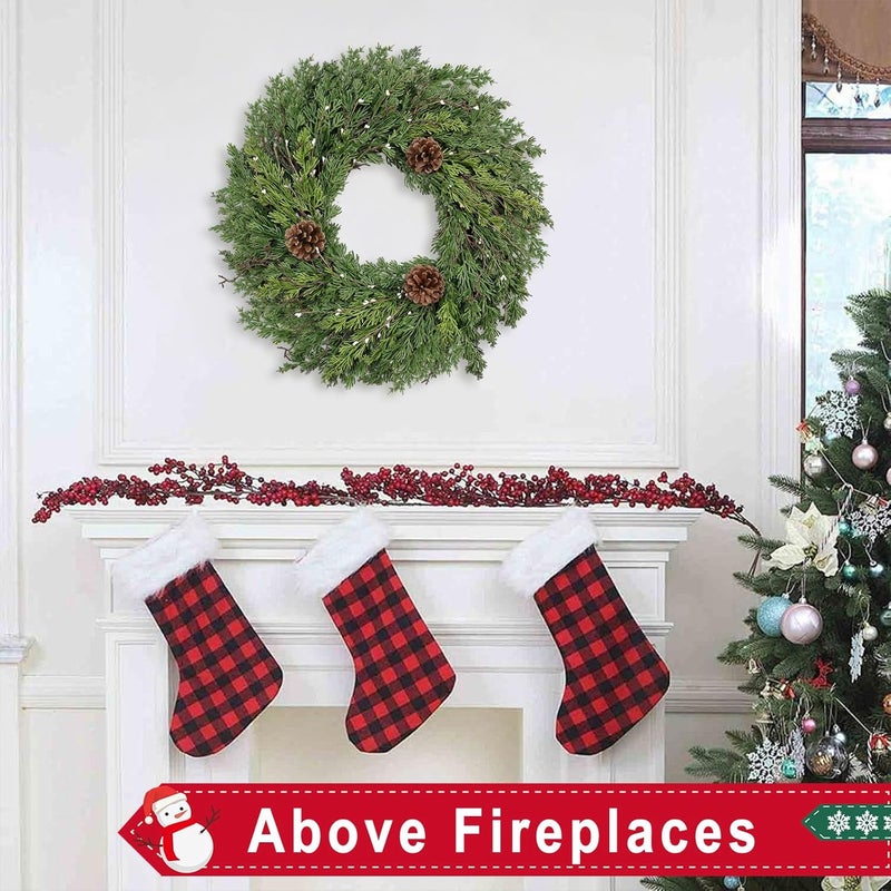 CHEAWRTZ 24 Inch Real Touch Lush Christmas Wreaths for Front Door with White Berries/Pine Cone Outdoor Christmas Decorations Winter Wreath Cypress Wreath for Windows Indoor Outside Xmas Home Decor Holiday - Image 2