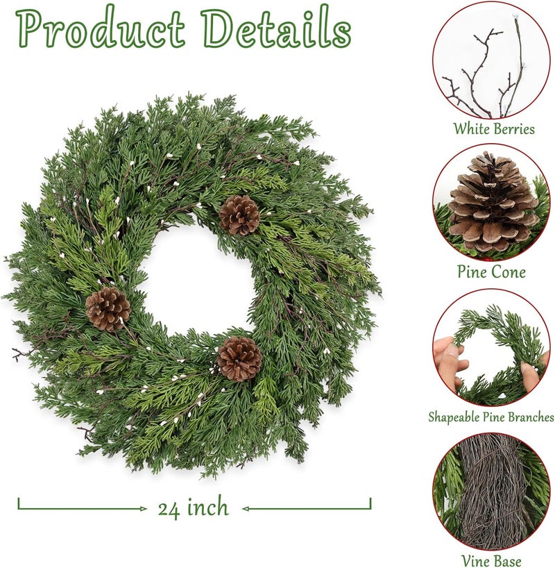 CHEAWRTZ 24 Inch Real Touch Lush Christmas Wreaths for Front Door with White Berries/Pine Cone Outdoor Christmas Decorations Winter Wreath Cypress Wreath for Windows Indoor Outside Xmas Home Decor Holiday - Image 3