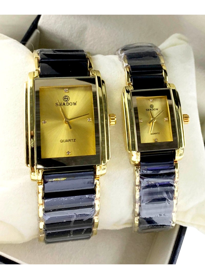 شادو ساعات زوجية شادو فاخرة - طقم أنيق بتصميم مستطيل ولون ثنائي - Image 1