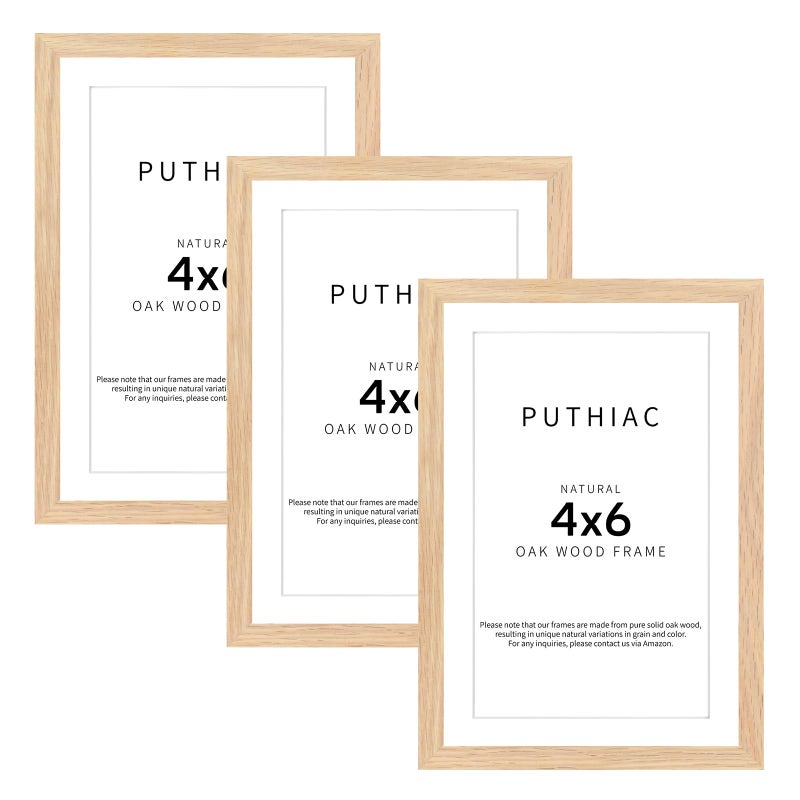 puthiac 4x6 Oak Wood Picture Frame - 4""x6"" Photo Frame  4x6 Picture Frame Wood  Natural Solid Wooden Picture Frames for Wall Art Photo and Prints(3 Pack  Beige) - Image 1