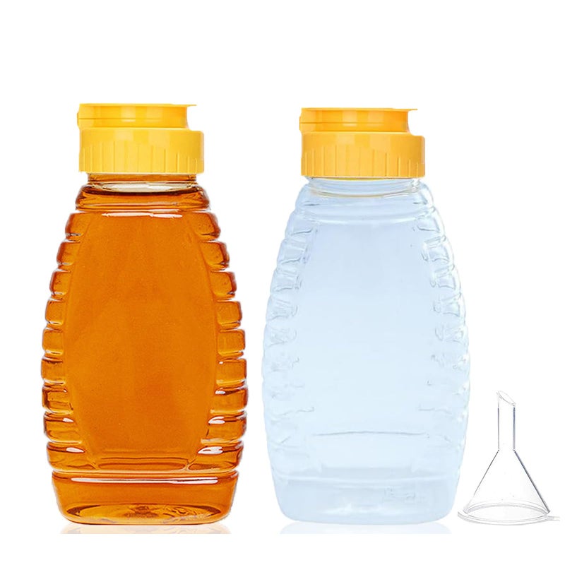 THYULIFE 2 Pack Empty Plastic Honey Bottles with Funnel, 180ml Squeeze Honey Jars Leakproof Honey Dispenser No Drip Lids Condiment Container for Ketchup Mustard Salad Dressing Sauce Syrup Oil Epoxy, BPA Free - Image 1